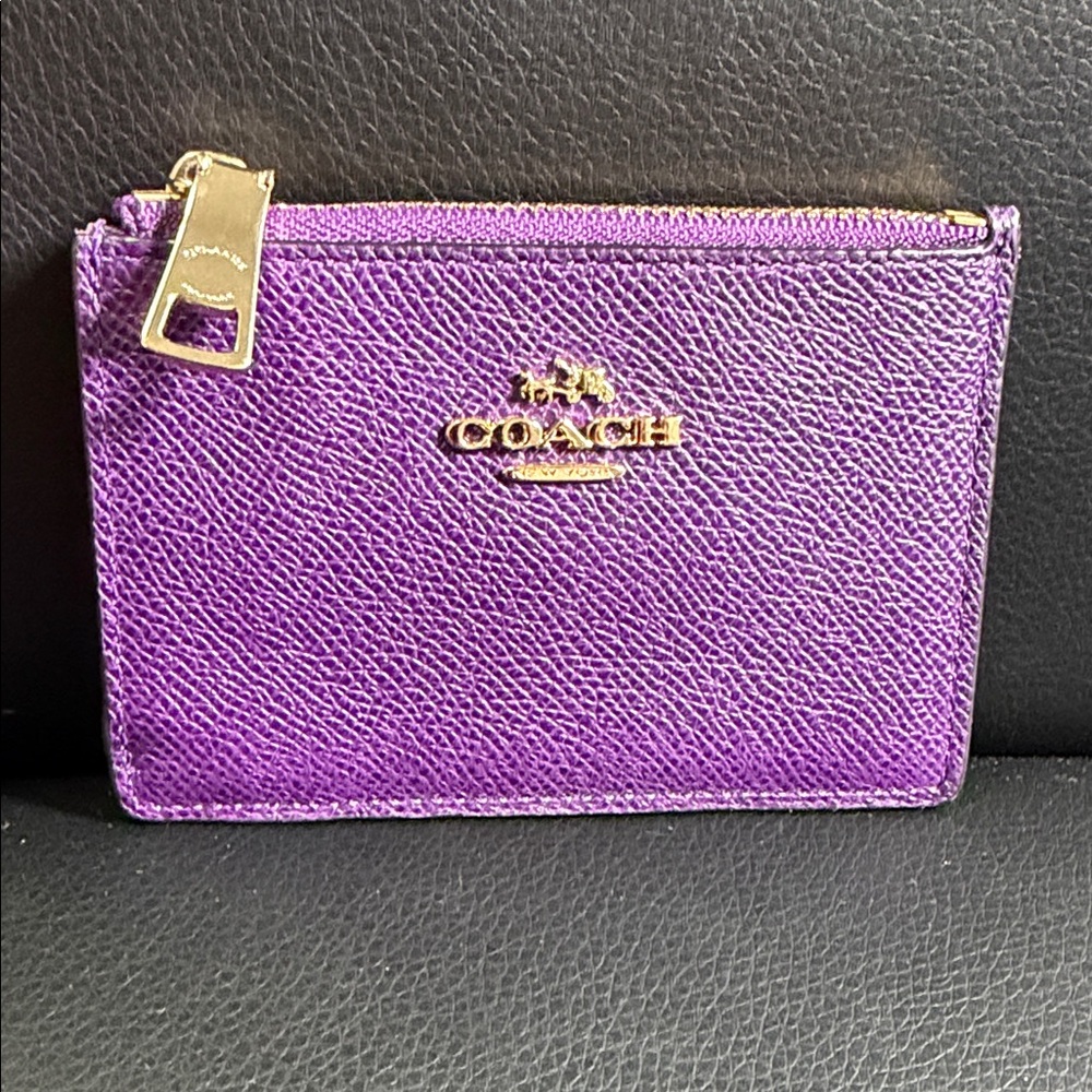 Coach Purple Saffiano Leather Zip Card Case with Gold Hardware GUC